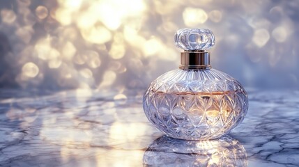 Elegant perfume bottle on marble surface with bokeh background.