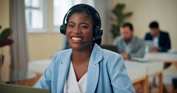 Office, businesswoman and happy with laptop for headset, consultant and customer service for sales. Coworking, call center and agent with mic for telemarketing, client feedback and laugh in portrait - Powered by Adobe