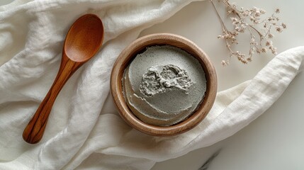 Culinary Delight: An overhead view showcases a wooden bowl filled with a creamy, light-green substance, accompanied by a wooden spoon, resting on a linen cloth with delicate sprigs of dried flowers. 