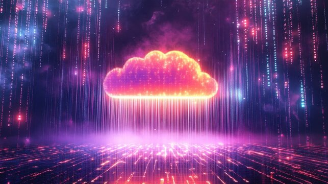 A sleek digital cloud surrounded by glowing rain of binary code, symbolizing the future of data transfer and cloud computing in a neon tech world.