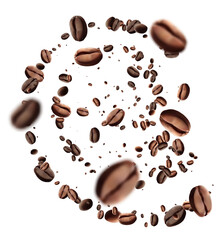 Falling coffee beans isolated on transparent background. Flying defocusing coffee grains. Applicable for cafe advertising, package.energy, freshness.Mesh gradient wes used