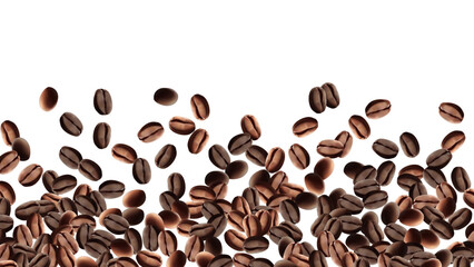 Falling coffee beans isolated on transparent background. Flying defocusing coffee grains. Applicable for cafe advertising, package.energy, freshness.Mesh gradient wes used