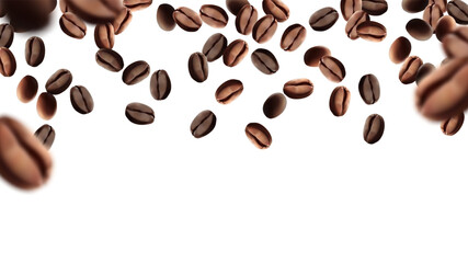 Coffee beans flying background. Black espresso grain falling on white. Rustic coffee bean fall isolated. energy, freshness.Mesh gradient wes used