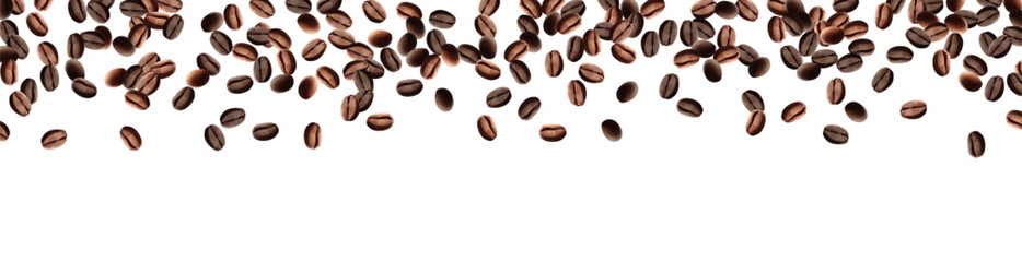 Obraz premium Coffee beans flying background. Black espresso grain falling on white. Rustic coffee bean fall isolated. energy, freshness.Mesh gradient wes used