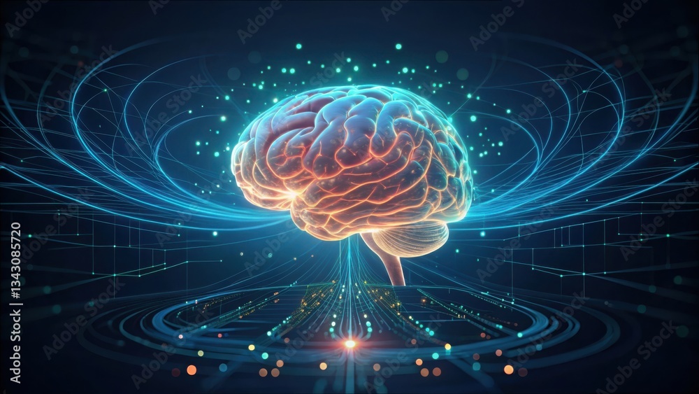 Poster Glowing Holographic Brain with Digital Data Streams in Gigapixel Quality