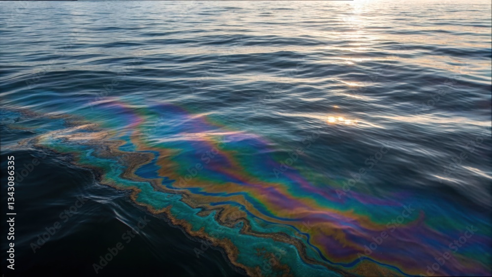 Poster slick patterns forming iridescent reflections on calm seawater