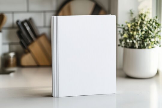 Blank Book Mockup: A blank book, ready for your design or content, sits on a kitchen counter, with a hint of a warm, inviting ambiance.