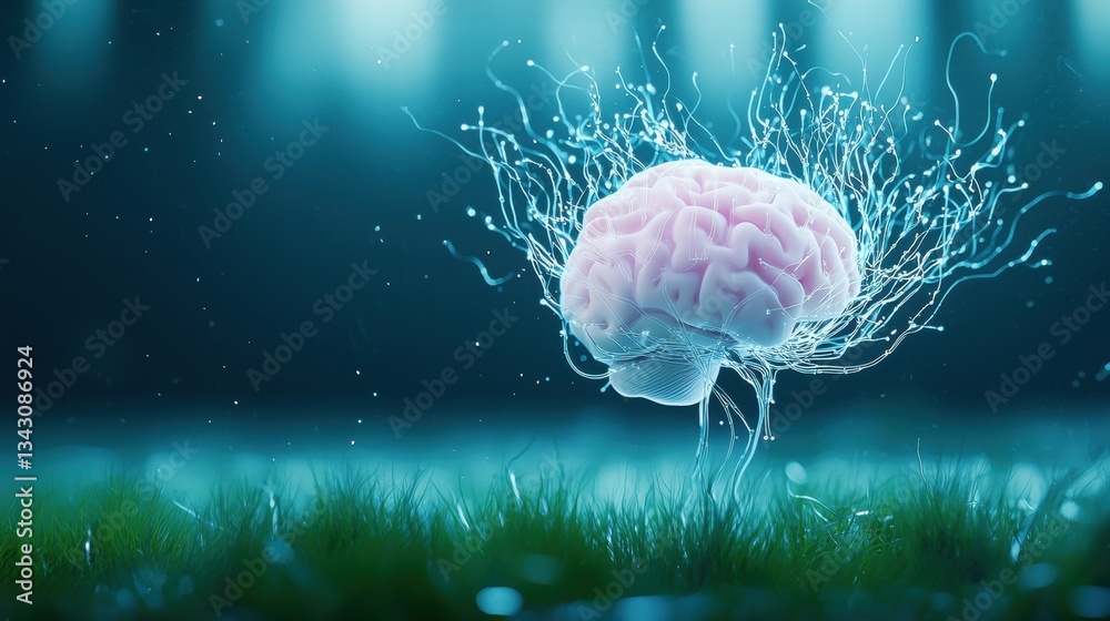 Poster innovative holographic interface or screen holographic projection of a human brain with data streams