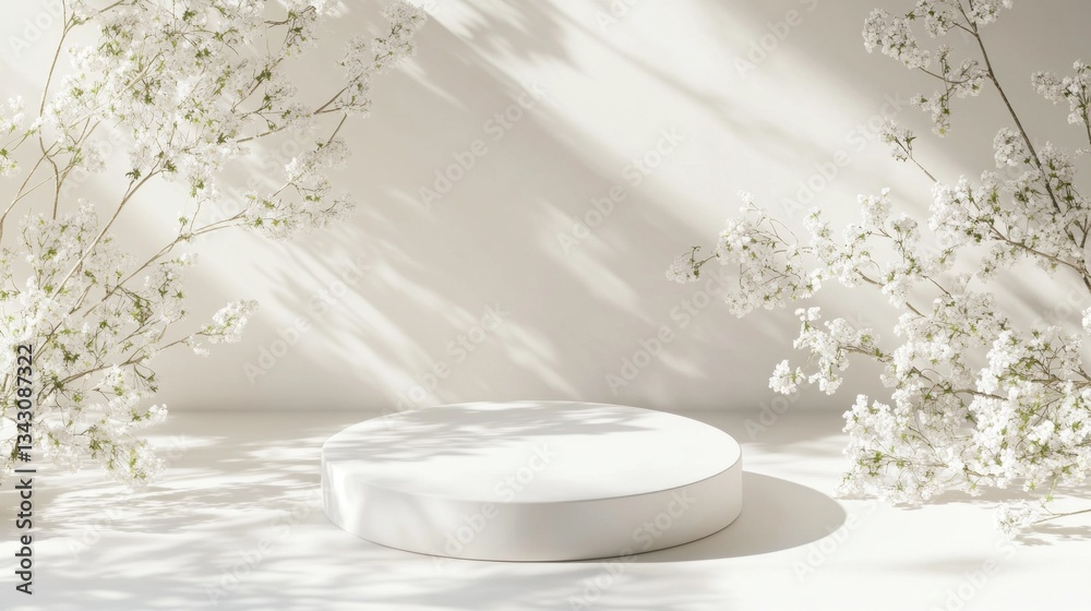 Poster Sunlight filters through soft shadows in a peaceful indoor space, highlighting a smooth white circular table framed by elegant branches of blossoming white flowers, creating a calm atmosphere