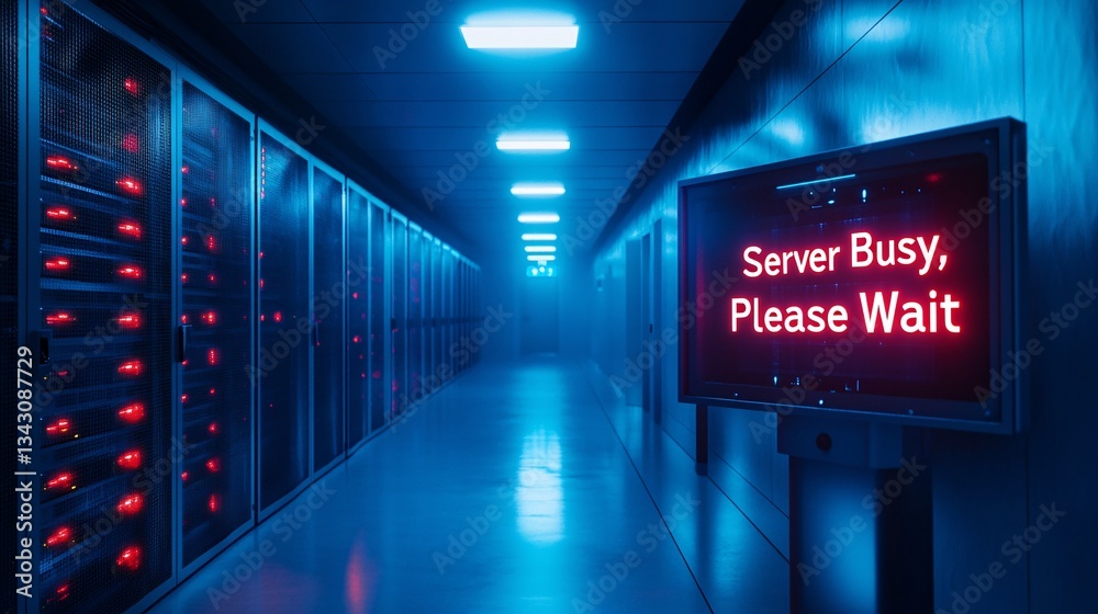 Poster a modern server room where an illuminated 