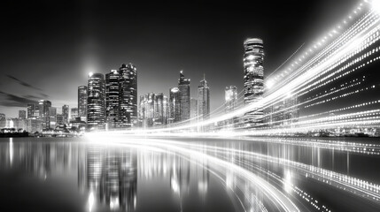 Fototapeta premium dynamic black and white cityscape features illuminated skyscrapers and light trails reflecting on water, creating futuristic and energetic atmosphere
