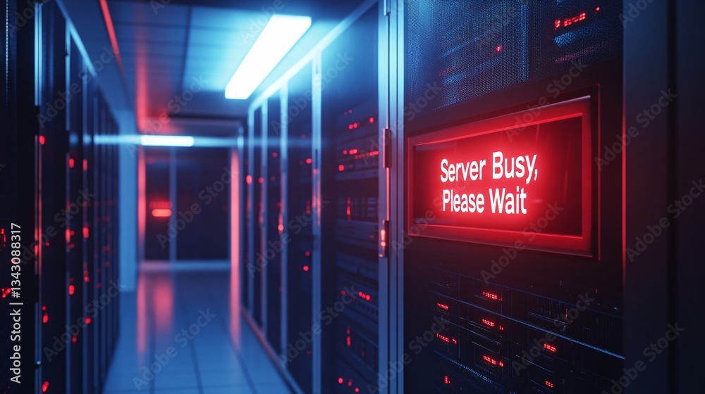 Poster a close-up of a server rack in a data center, showing an led text warning: 