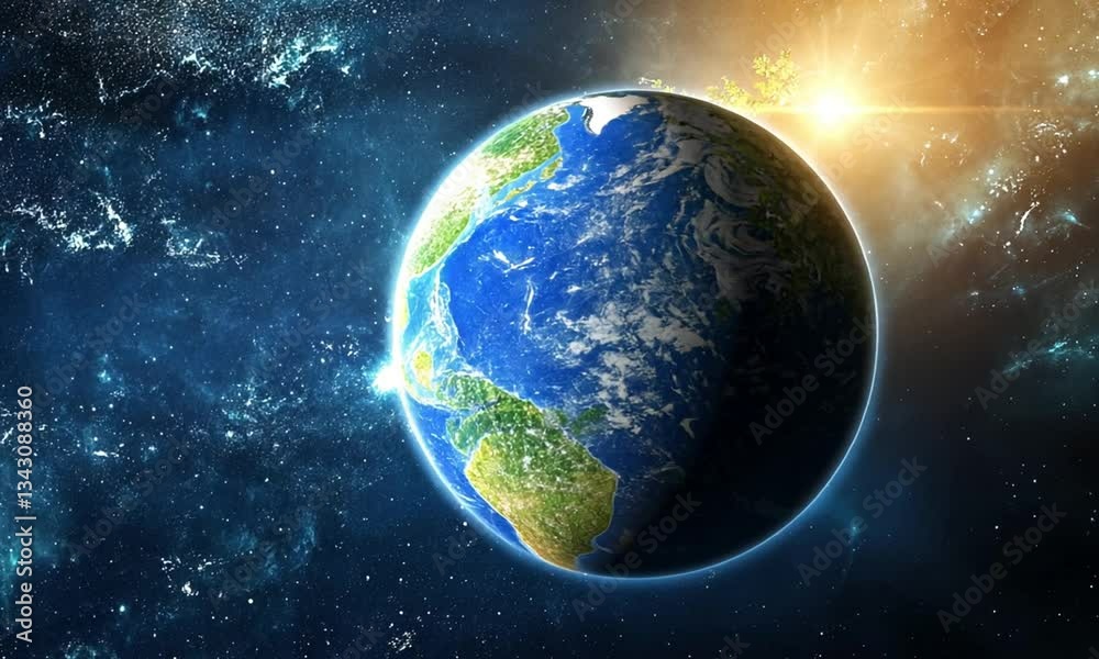 Wall mural earth from space with a transparent ozone layer shielding the planet from harmful sun rays in animat