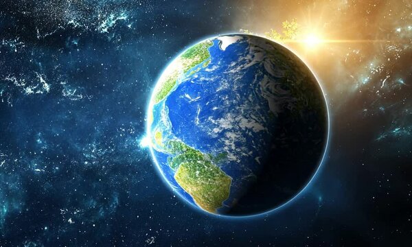 Earth from space with a transparent ozone layer shielding the planet from harmful sun rays in animation. International Day for the Preservation of the Ozone Layer