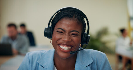 Woman, laugh and call center with headset in office, consultant or customer service for sales....