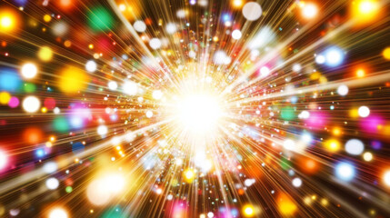 vibrant explosion of multicolored lights radiates from central point, creating dynamic and energetic visual effect. image evokes sense of celebration and excitement, with bright, colorful orbs and