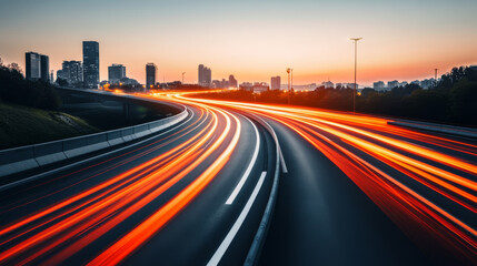 Obraz premium futuristic cityscape at sunset with light trails from fast moving vehicles on highway, creating dynamic and vibrant scene