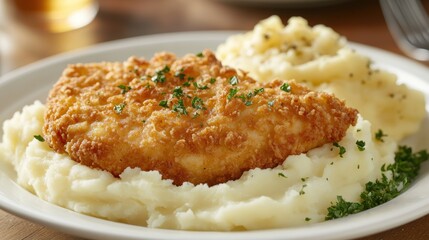 A golden brown breaded chop, crispy and savory, nestled beside fluffy mashed potatoes, a classic comfort food enjoyed by many.