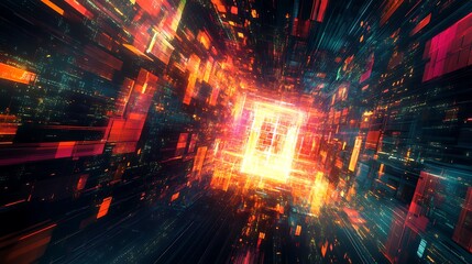 Abstract Glowing Data Tunnel with Flowing Geometric Shapes and Light