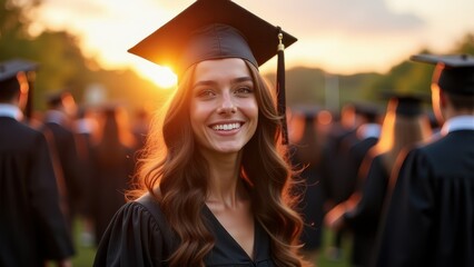 Young woman in a cap and gown at a university graduation event, enjoying her big day with fellow graduates in the background