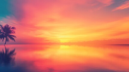 Serene sunset over calm ocean with single palm tree silhouetted against vibrant sky. Warm colors and peaceful mood.