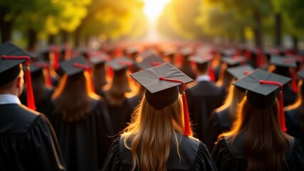 Obraz premium A group of students in black graduation gowns attending a university graduation event, walking towards a bright future.