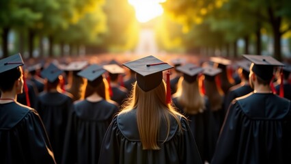 Obraz premium A group of students in black graduation gowns attending a university graduation event, walking towards a bright future.