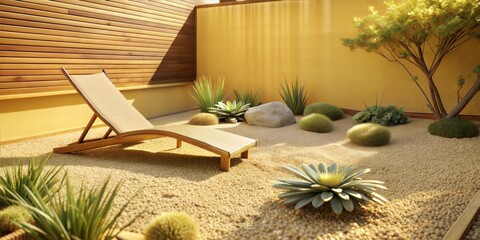 A serene, minimalist garden featuring a lounge chair and various succulents against a warm, sunny backdrop.