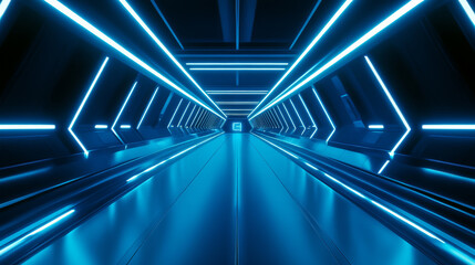 Obraz premium Futuristic corridor with vibrant blue neon lights creating sci fi atmosphere. symmetrical design and glowing lines enhance modern, high tech feel of space
