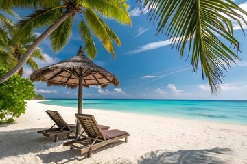Tropical Beach Paradise: Relaxing Lounge Chairs Under Thatched Umbrella