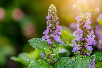Purple flowers with dew and sunlight in lush green garden