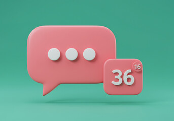 3D Render of Pink Speech Bubble Message Notification Icon on Teal Background