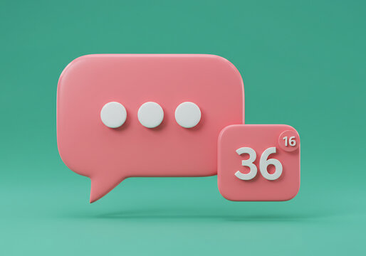 3D Render of Pink Speech Bubble Message Notification Icon on Teal Background