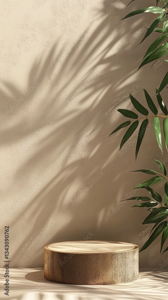 Poster Sunlight filters through verdant leaves, casting intricate shadows on a soft beige wall. A rustic wooden pedestal rests beneath, adding warmth to the serene composition