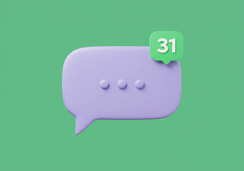 3D Render of Purple Chat Bubble with Green Notification Icon on Green Background