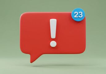 3D Render of Red Notification Bubble with Exclamation Mark and Blue Number 23