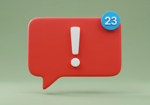 3D Render of Red Notification Bubble with Exclamation Mark and Blue Number 23