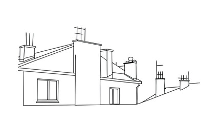 Line Drawing of Parisian Building, Roofs, Chimneys, and Skyline