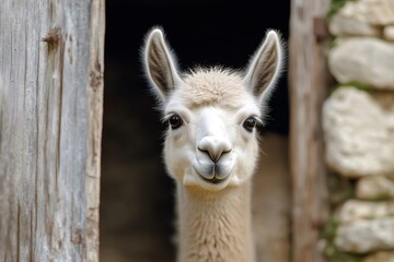 Obraz premium White llama looking out from barn doorway