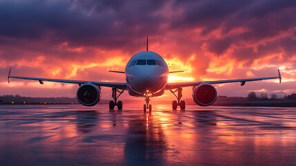 Commercial Airplane on Runway at Sunset with Vibrant Sky Colors