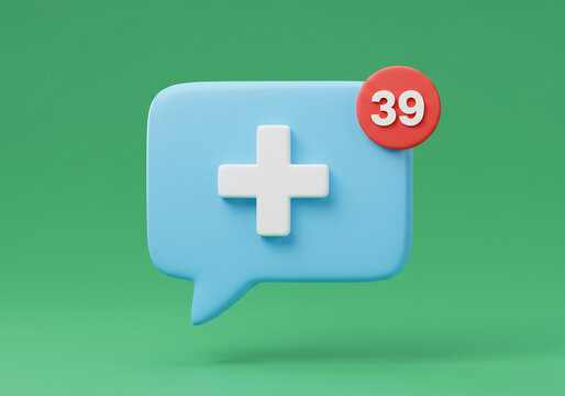 3D Rendered Light Blue Chat Bubble Notification Icon with Plus Sign and Red Number 39 on Green