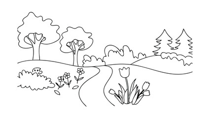 Fototapeta premium Spring Landscape Coloring Page Trees, Flowers, Path, Hills