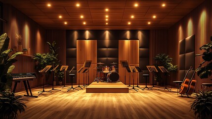 A modern music practice room with soundproof panels, instrument stands, and adjustable lighting for rehearsals