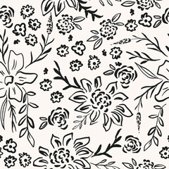 Hand drawn flower seamless pattern. doodle ink style