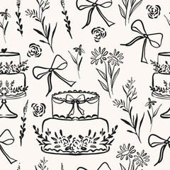 Flower seamless pattern with ribbon and cake illustration. doodle ink style