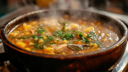 A steaming bowl of chicken soup, its golden broth fragrant with herbs like parsley and bay leaf, bubbles gently on the stovetop, a comforting elixir for the soul.