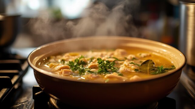 A steaming bowl of chicken soup, its golden broth fragrant with herbs like parsley and bay leaf, bubbles gently on the stovetop, a comforting elixir for the soul.