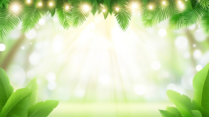 lush green background with tropical leaves and glowing lights creates vibrant and refreshing atmosphere, perfect for nature themed designs or events