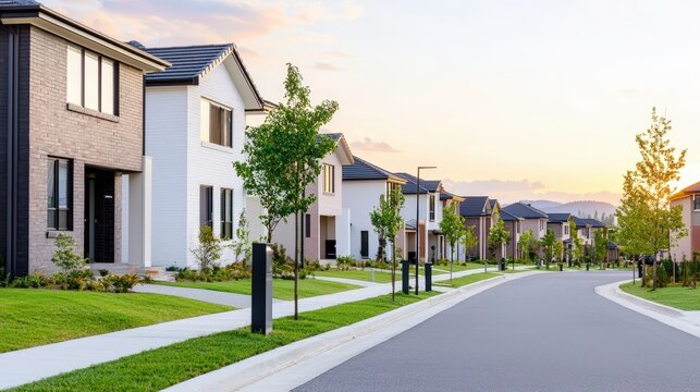 A suburban neighborhood at sunset, highlighting affordable housing options, copy space for property financing ads,