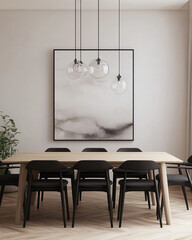 Modern dining area featuring wooden table, black chairs and elegant pendant lighting with artwork